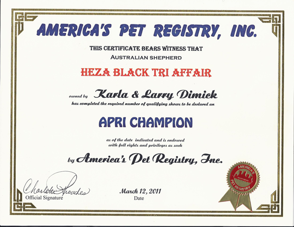 Buddy's APRI Champion Certificate 