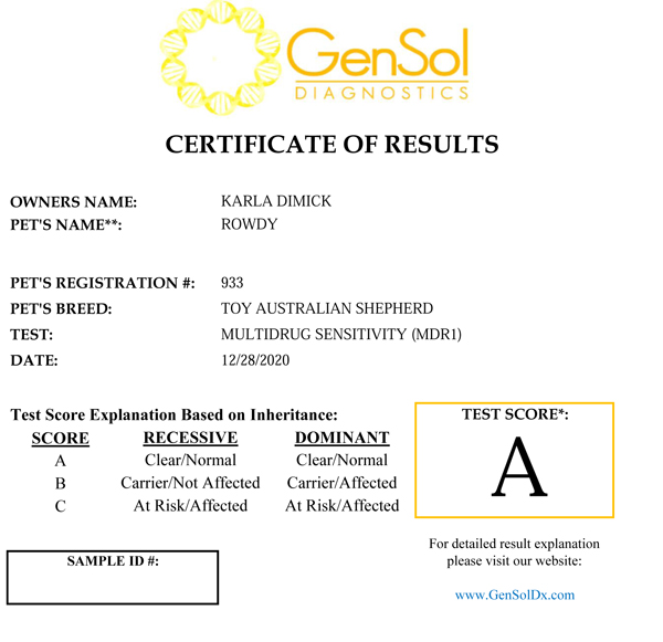 Rowdy's MDR1 test results,